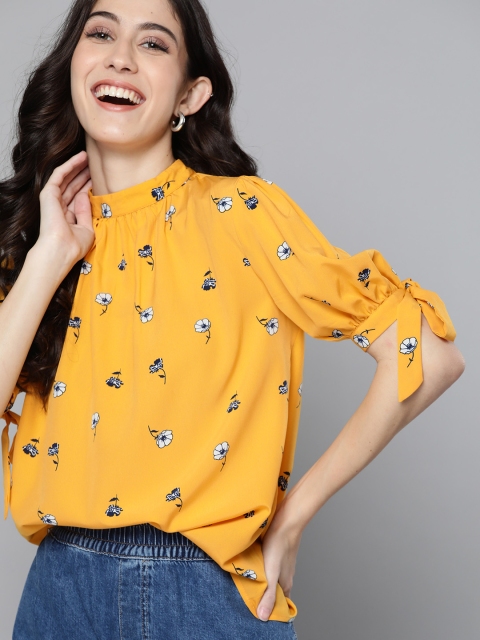 

Mast & Harbour Mustard Yellow & White Floral Print Regular Top