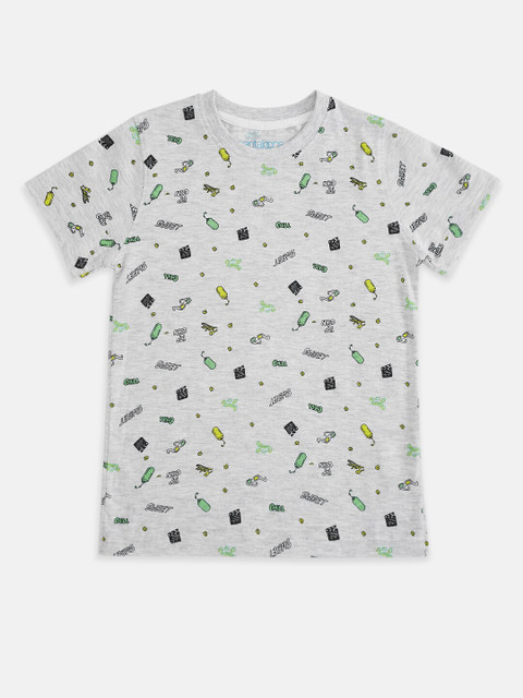 

Pantaloons Junior Boys Grey Melange Green Printed Cotton Pure Cotton T-shirt