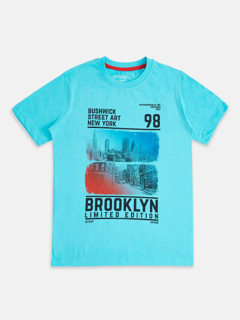 

Pantaloons Junior Boys Blue Black Printed Cotton Pure Cotton T-shirt