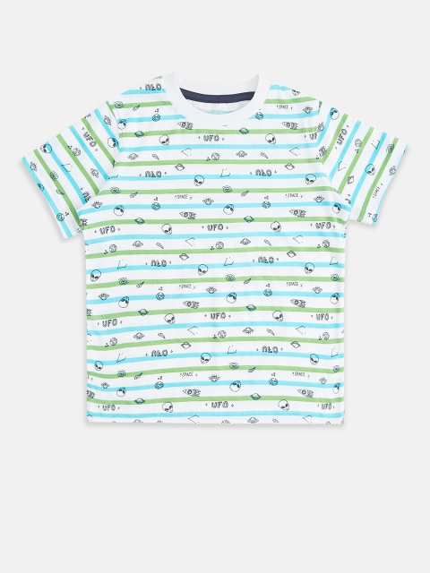 

Pantaloons Junior Boys White Green Striped Cotton Pure Cotton T-shirt