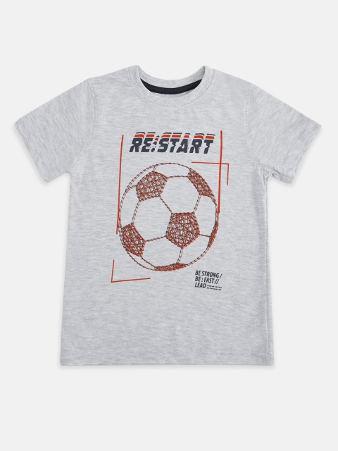 

Pantaloons Junior Boys Grey Melange Red Printed Cotton Pure Cotton T-shirt