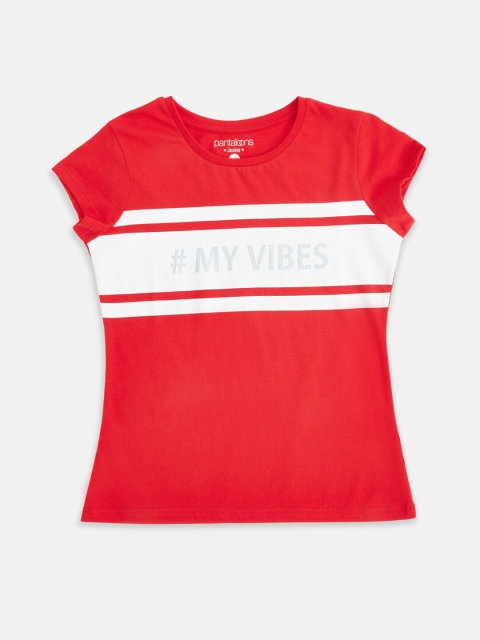 

Pantaloons Junior Girls Red White Typography Printed Pure Cotton T-shirt