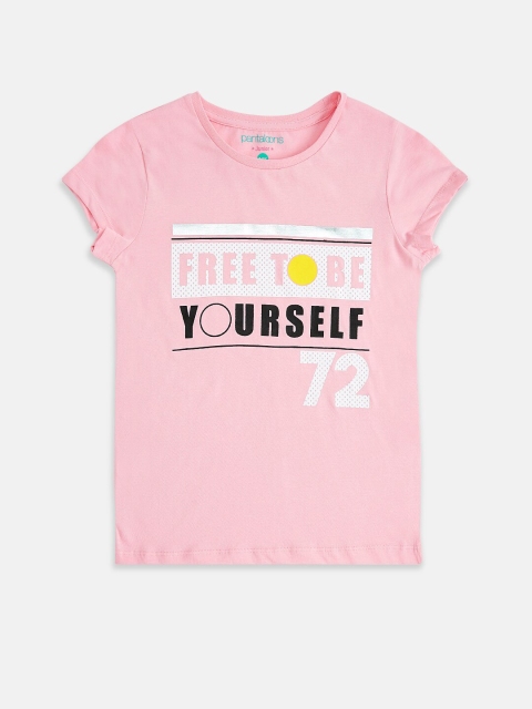 

Pantaloons Junior Girls Pink White Typography Printed Pure Cotton T-shirt