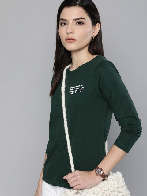

M&H Our Water Women Dark Green Typography Printed Casual T-shirt