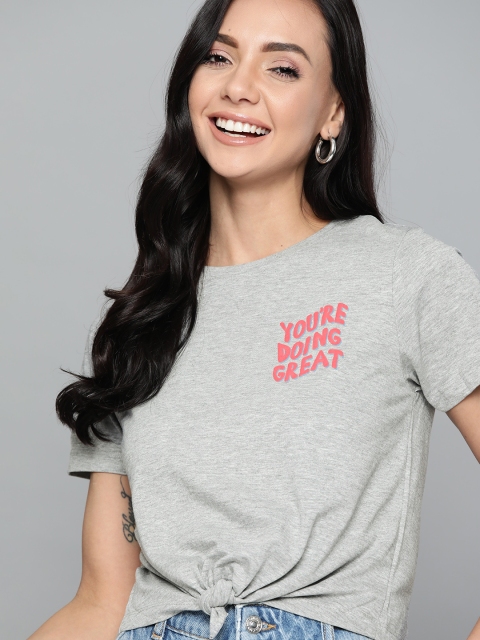 

Mast & Harbour Women Grey Melange Typography Printed Detail Top