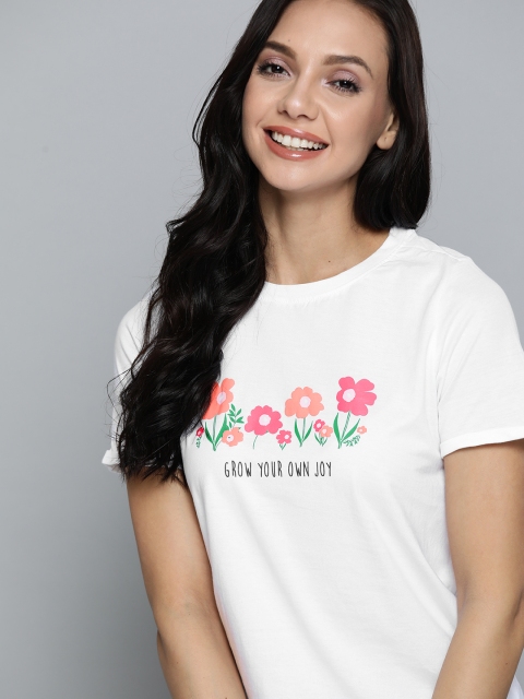 

Mast & Harbour Women White & Pink Floral Printed Cotton T-shirt