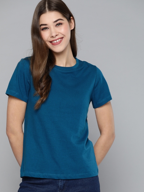 

Mast & Harbour Women Teal Blue Pure Cotton Solid T-shirt