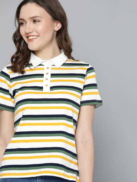 

Mast & Harbour Women White & Olive Green Striped Polo Collar Pure Cotton T-shirt