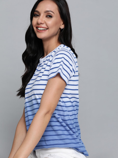 

Mast & Harbour Women Blue Striped Cotton T-shirt