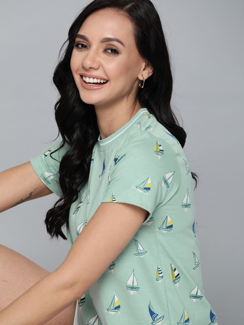 

Mast & Harbour Women Sea Green & Blue Printed Cotton T-shirt