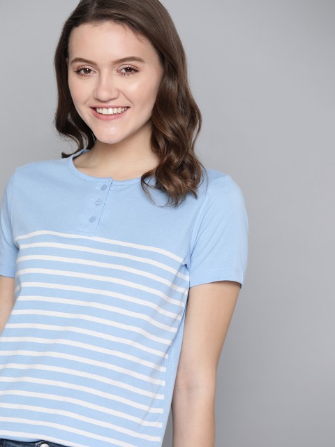 

Mast & Harbour Women Blue & White Striped Pure Cotton Henley Neck T-shirt