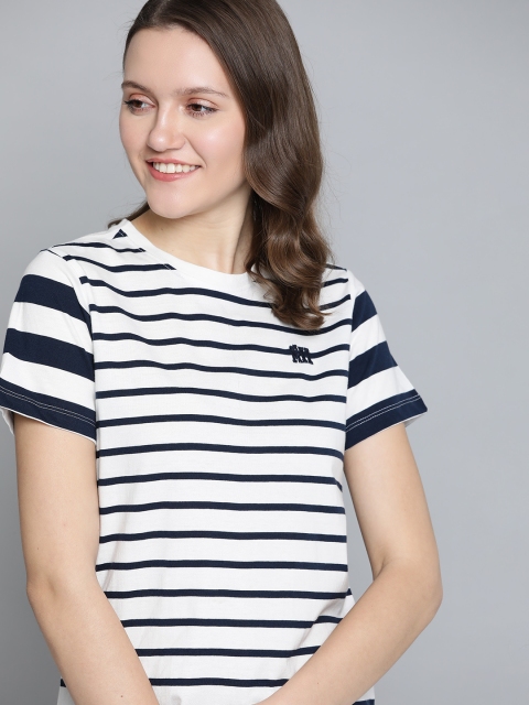 

Mast & Harbour Women Navy Blue & White Striped Cotton T-shirt
