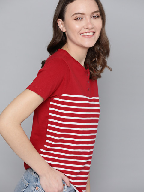 

Mast & Harbour Women Red & White Striped Pure Cotton Henley Neck T-shirt
