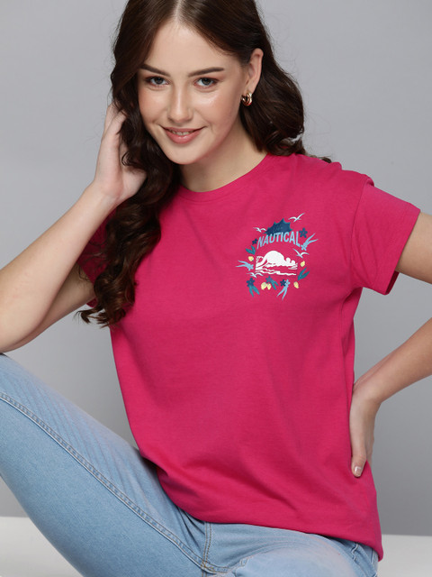 

Mast & Harbour Women Pink Printed Detail Drop-Shoulder Sleeves T-shirt