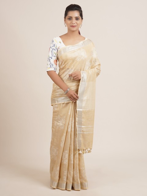 

Pothys Cream & Silver Linen Blend Printed Saree