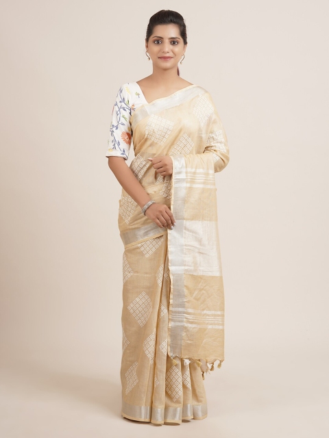 

Pothys Cream-Coloured & Silver-Toned Linen Blend Saree