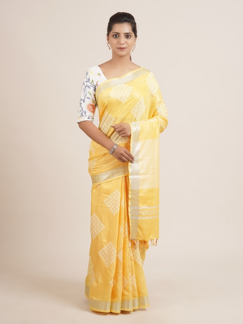 

Pothys Yellow & White Geometric Printed Linen Blend Saree