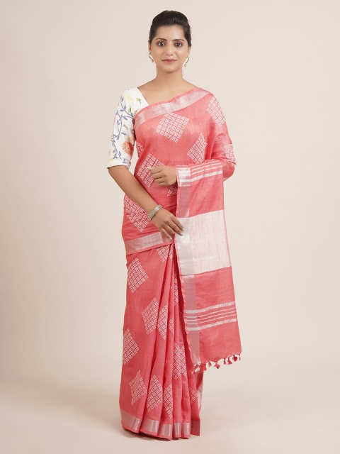 

Pothys Pink Kolam Printed Zari Linen Blend Saree