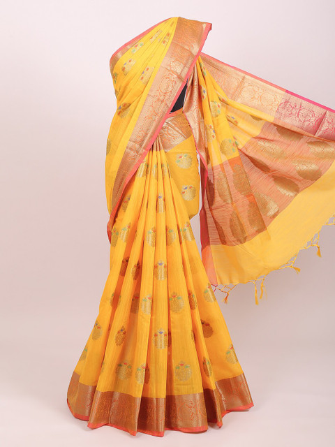 

Pothys Yellow & Pink Ethnic Motifs Woven Design Zari Saree