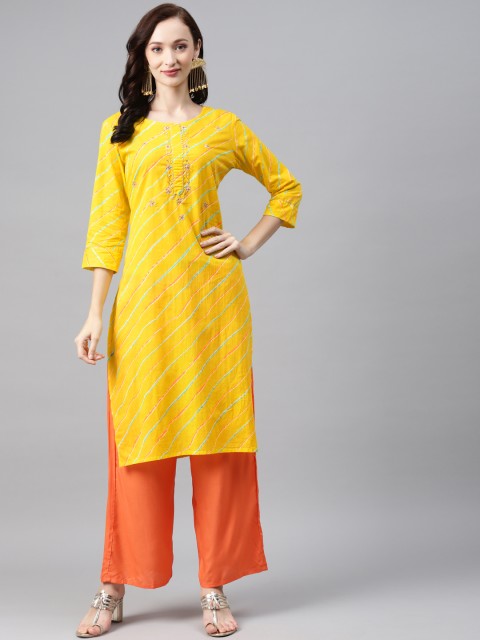 

Anubhutee Women Yellow Leheriya Printed Thread Work Kurta with Palazzos