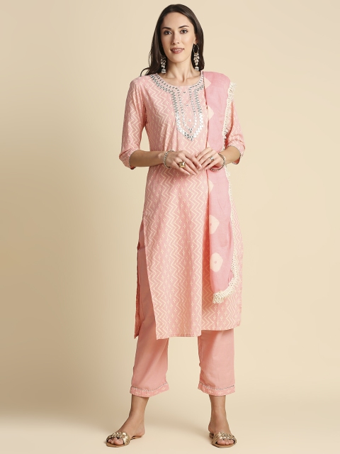 

Anubhutee Women Pink Bandhani Printed Thread Work Pure Cotton Kurta with Trousers & With Dupatta