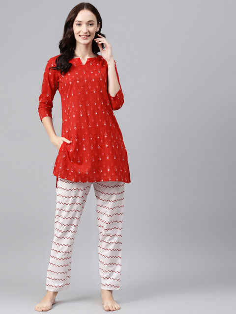 

Anubhutee Women Red & White Printed Pure Cotton Night suit