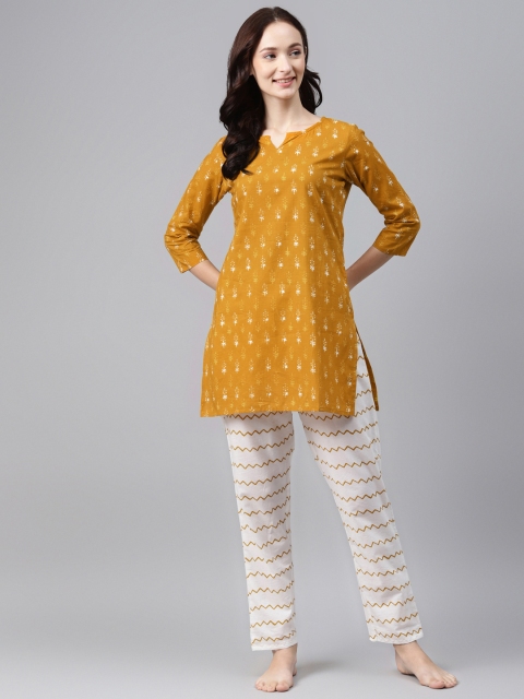 

Anubhutee Women Mustard Yellow & White Printed Pure Cotton Night suit