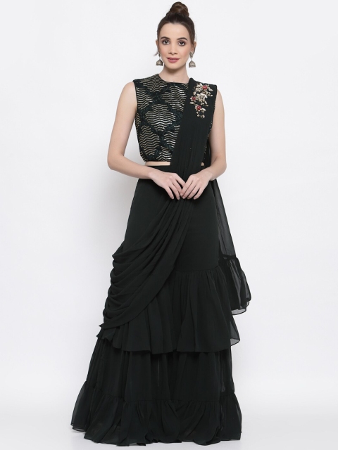 

KHALOM Women Green & Black Sequinned Crop Top With Sharara & Attached Dupatta