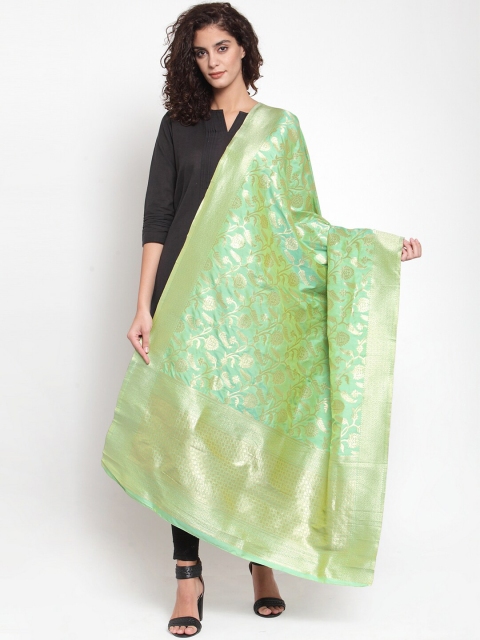 

mf Green & Gold-Toned Ethnic Motifs Woven Design Art Silk Dupatta with Zari