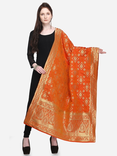 

mf Orange & Gold-Toned Ethnic Motifs Woven Design Banarasi Art Silk Dupatta with Zari