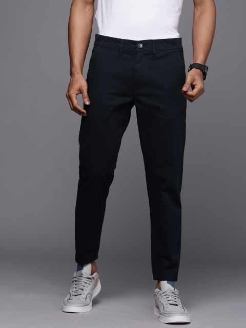 

WROGN Men Navy Blue Self-Design Slim Fit Regular Trousers