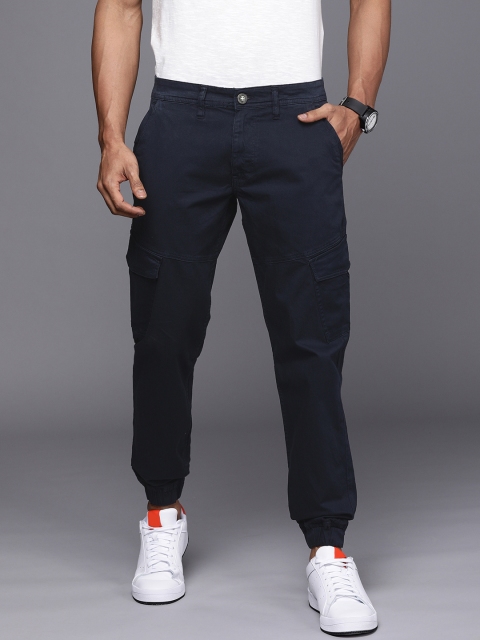 

WROGN Men Navy Blue Solid Jogger Fit Mid-Rise Cargo Trousers