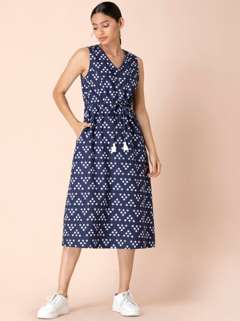 

Earthen BY INDYA Indigo Bandhani Printed Drawstring A-Line Dress, Blue