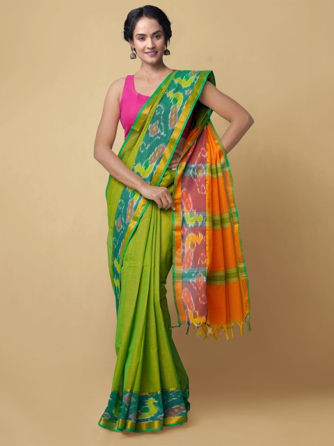 

Unnati Silks Green & Orange Woven Design Zari Mangalagiri Saree