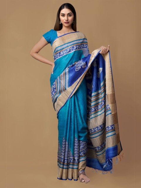 

Unnati Silks Women Blue Sundarban Tussar Silk Printed Saree