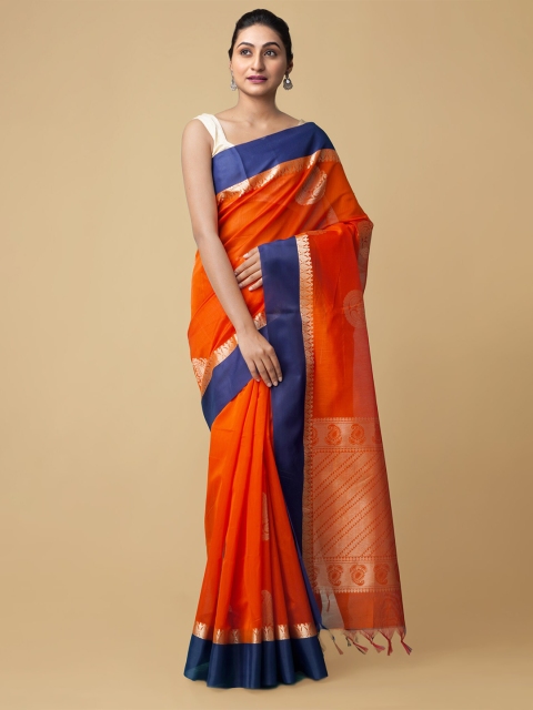 

Unnati Silks Orange & Blue Ethnic Motifs Zari Silk Cotton Baluchari Saree