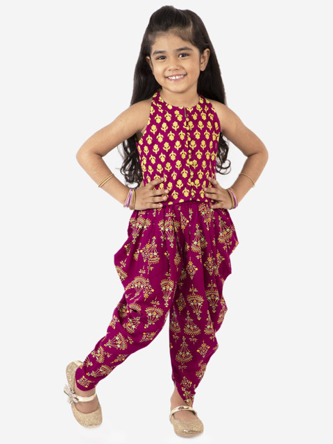 

Lil Peacock Girls Magenta Pink & Yellow Printed Top with Dhoti Pants