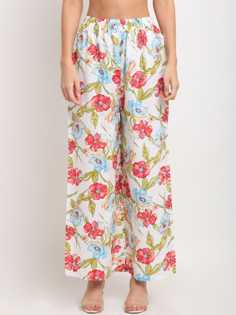 

NEUDIS Women White & Pink Floral Printed Palazzos