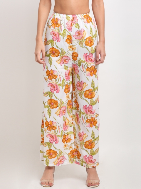 

NEUDIS Women White & Orange Floral Printed Palazzos