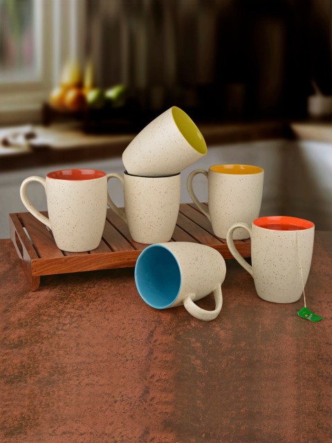 

StyleMyWay Set Of 6 Off-White Handcrafted Printed Ceramic Matte Mugs