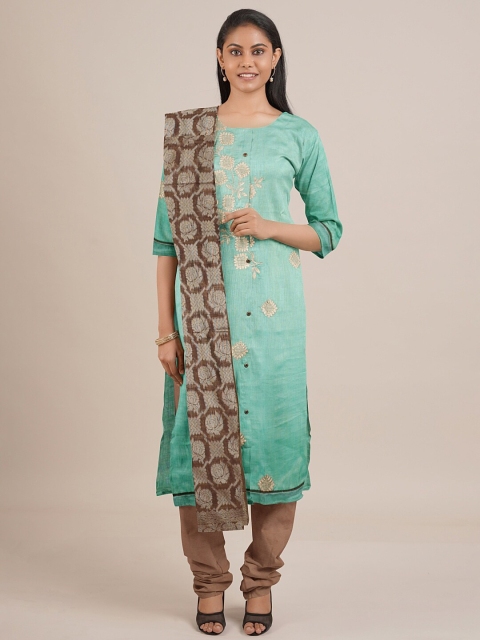 

Pothys Green & Brown Unstitched Dress Material