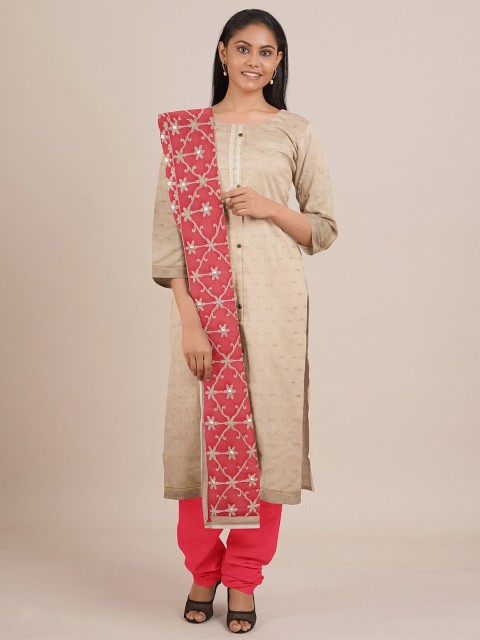 

Pothys Cream-Coloured & Pink Embroidered Unstitched Dress Material