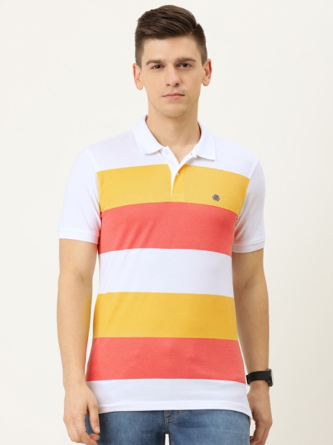 

PETER ENGLAND UNIVERSITY Men White & Yellow Striped Polo Collar Slim Fit T-shirt