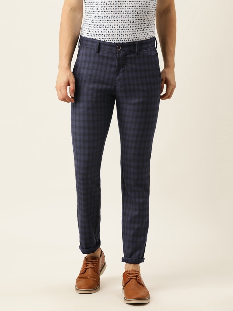

Peter England Casuals Men Navy Blue & Black Checked Slim Fit Trousers