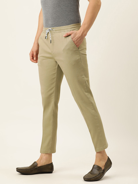 

Peter England Casuals Men Khaki Self Design Carrot Fit Cropped Trousers