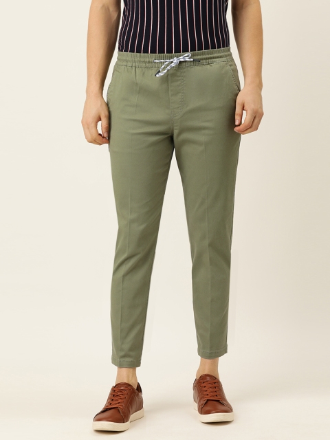 

Peter England Casuals Men Olive Green Solid Carrot Fit Crop Chinos