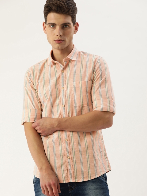 

Peter England Casuals Men Peach-Coloured Slim Fit Opaque Striped Casual Shirt
