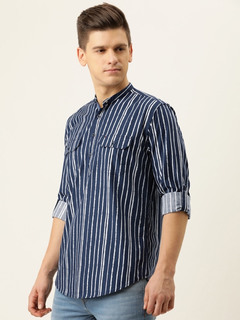 

Peter England Casuals Men Navy Blue & White Cotton Slim Fit Striped Casual Shirt