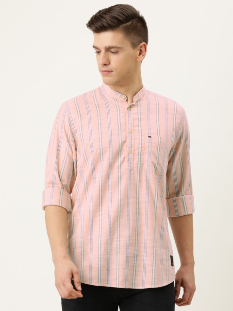 

Peter England Casuals Men Peach-Coloured & Blue Slim Fit Multi Striped Casual Shirt