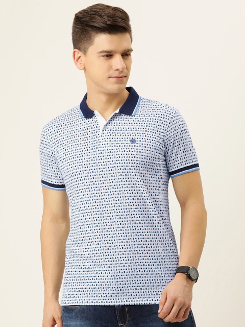 

PETER ENGLAND UNIVERSITY Men White & Blue Printed Polo Collar Slim Fit T-shirt